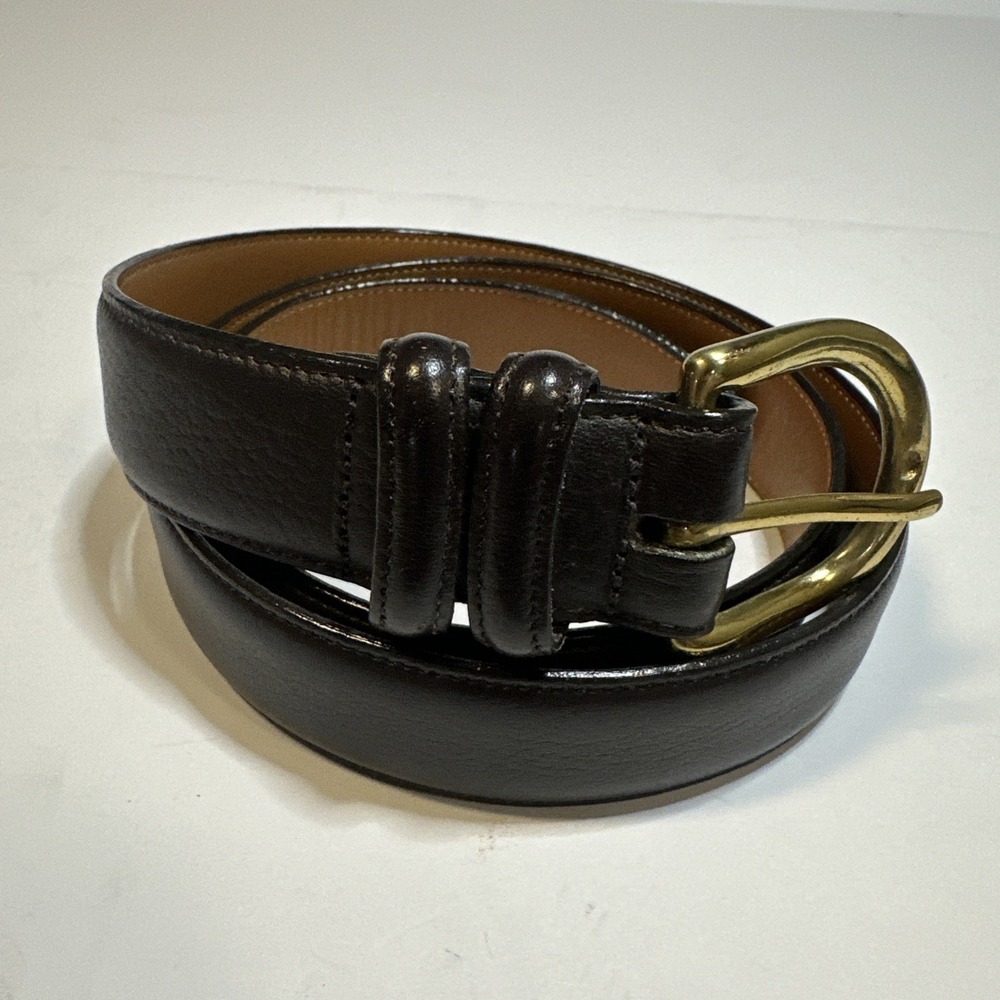 Vintage Lands End Leather Belt Brown  Brass Buckle Made in USA Mens Sz 32